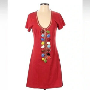T-Bags Los Angeles Red Short Sleeve Beaded Boho Hippie Cotton Dress Size S Small